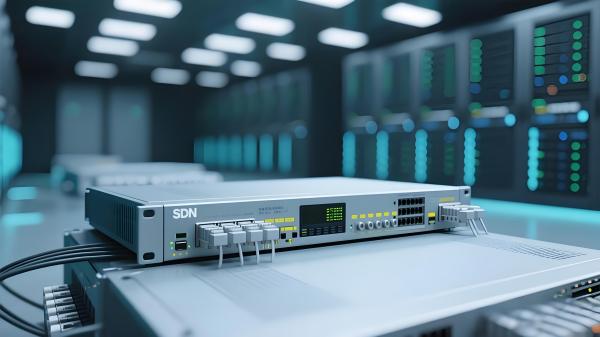 SDN網(wǎng)絡(luò)設(shè)備與自動(dòng)化控制元件，現(xiàn)代化的網(wǎng)絡(luò)機(jī)房場(chǎng)景，科技風(fēng)，特寫，科技感十足